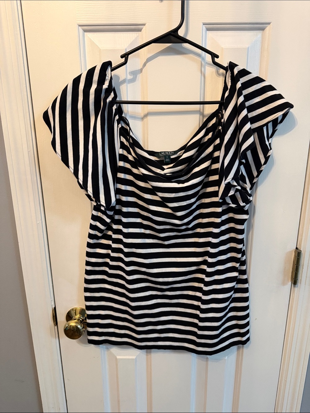 Ralph Lauren Black & White Striped Cowl-Neck Blouse